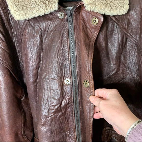Aquascutum London Vintage Brown Leather Coat Sz 44 XL Oversize Aviator Collar - Picture 6 of 16